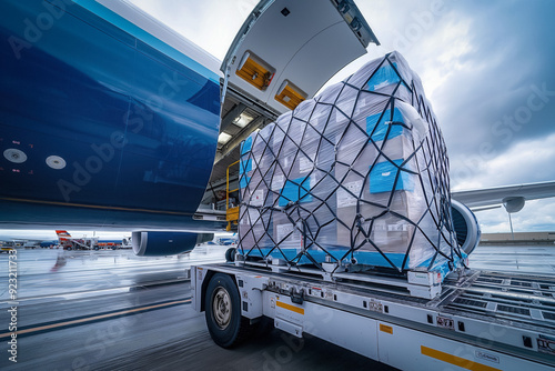 Air cargo containers being loaded onto an airplane. Preparing shipments for loading onto a modern freighter jet at the airport.