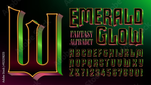 A fantasy style font with metallic reflections in emerald green and magenta.