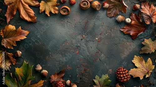 Frame of autumn leaves in oak and acorns