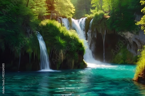 Seamless Loop Cinemagraph video of waterfall landscape in Plitvice Lakes Croatia, fantasy foliage color . Tranquil nature scenery for relaxation landscape background Generative AI