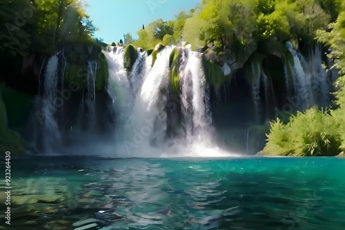 Seamless Loop Cinemagraph video of waterfall landscape in Plitvice Lakes Croatia, fantasy foliage color . Tranquil nature scenery for relaxation landscape background Generative AI