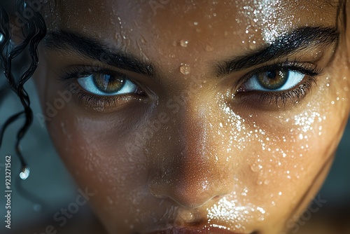 Detailed view of a woman s face with sweat droplets, disciplined focus during hot yoga