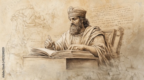 Solomon Writing Proverbs and Songs, Surrounded by Scrolls and Scribes During His Reign, 1 Kings Biblical Illustration, Bible Wall Art, Beige Background