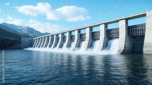 A hydropower dam s spillway with controlled water release, showcasing reinforced structures and water flow dynamics, ultra-detailed, renewable energy infrastructure