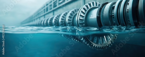 Close-up of hydroelectric turbines submerged in water, showcasing complex mechanics and water movement, photo-realistic, energy infrastructure innovation