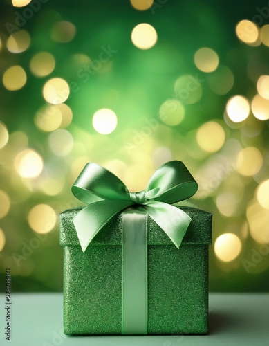 A glittery green gift box with a satin bow against a sparkling bokeh light background, perfect for celebrations