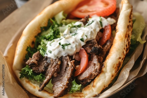 A classic greek gyro served in a freshly made flatbread