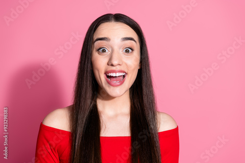 Photo of nice young girl open mouth cant believe red top isolated on pink color background