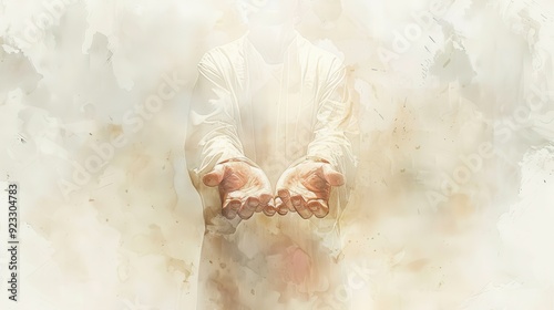 Jesus with Open Hands in Watercolor, Faith and Grace, Biblical Illustration, Beige Background, copyspace