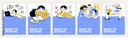 Back to school. Set of vector illustration posters and banners of education, learning, back to school, reading book, online course and training, distance education and e-learning.