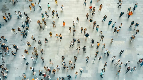 A crowd of people scatter across a vast, open plaza, each individual moving with their own purpose under an expansive, clear sky.