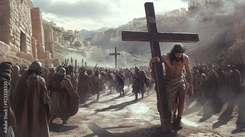 Representation of Christ carrying the cross road to Calvary hill.