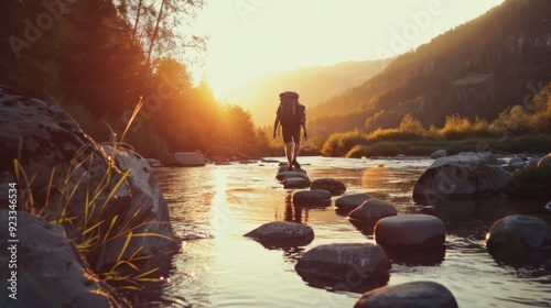 A lone hiker crosses a serene stream on stepping stones, bathed in the golden glow of the setting sun amidst lush, tranquil nature.