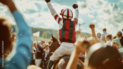 A jubilant jockey celebrating a victory on horseback, surrounded by an enthusiastic crowd, capturing the thrill of a horse race.