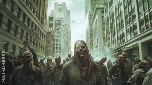 Zombies swarm a downtown area under a foggy sky, creating a haunting atmosphere amidst tall buildings and city streets.