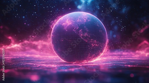 The detailed lowpoly globe of the holographic Earth is reinvented, pulsating with neon energy against a cosmic nothingness. The shimmering wireframe continents evoke a futuristic