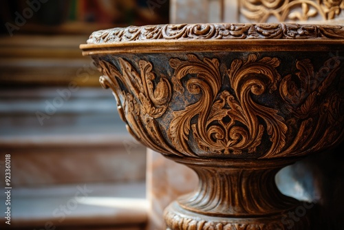 Baptism Font. Ancient Architecture with Baby Baptism Detail in Cathedral