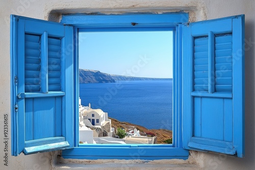 Beach Through Window. Santorini Travel View of Sea and White Village on a Summer Day