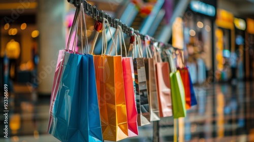 Colorful shopping bags dangle from a rack in an upscale mall, surrounded by the lively atmosphere of a retail paradise.