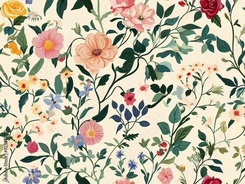 Floral chintz with lush, detailed blooms in pastel hues on a creamy background, seamless pattern