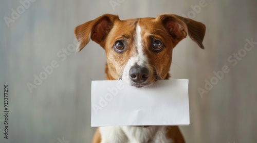 Adorable dog holding a white envelope in its mouth, gazing at the camera with pleading eyes.