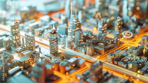 A highly detailed miniature model of a city with illuminated buildings creating an urban dreamscape at night.