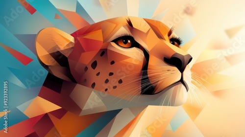 An artistic image portraying a cheetah's face using geometric shapes in vibrant colors, creating a modern and dynamic depiction of the wild animal with a stylized flair.