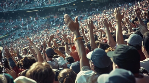 A close-up of an excited crowd at a sports event, capturing the expressions and raised hands of fans showcasing true team spirit.