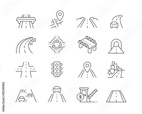 Roads and Highways Icon collection containing 16 editable stroke icons. Perfect for logos, stats and infographics. Edit the thickness of the line in Adobe Illustrator (or any vector capable app).