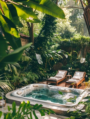 Luxurious outdoor hot tub with jacuzzi in a serene garden setting, surrounded by lush greenery and comfortable lounging chairs, perfect for relaxation and rejuvenation