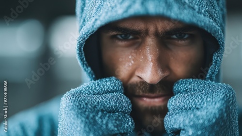 An enigmatic image of a person in a blue hoodie, captured in a blurry, introspective scene, evoking feelings of anonymity and contemplation in a modern, mysterious setting.