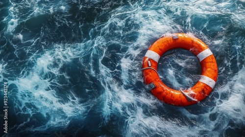 A lifebuoy floats in the turbulent waters of the ocean, symbolizing hope, rescue, safety, survival, and the vastness of the sea.