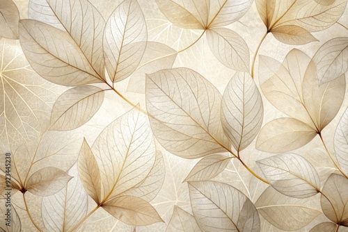 Delicate beige transparent leaves with intricate veins and natural texture blend with soft flower petals, creating a soothing neutral-colored abstract botanical wallpaper.