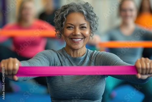 Senior woman smiling while exercising with resistance band at the gym