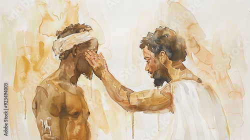 Biblical Illustration of Apostle Philip Baptizing Ethiopian Eunuch Moment of Transformation on Beige Background with Copyspace