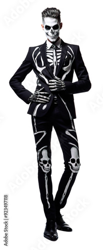 Man wearing Halloween costume as elegant skeleton in black suit