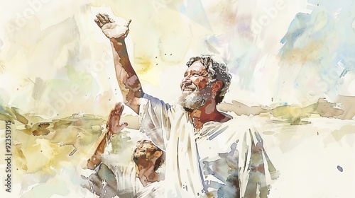 Apostle Matthew Baptizing New Believers - Spreading Gospel with Joy - Biblical Illustration on Beige Background - Copyspace