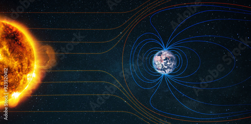 Earth's magnetic field, creative. Earth's magnetic field, the Earth, the sun and solar wind, the flow of particles.Solar flare and earth magnetic storms