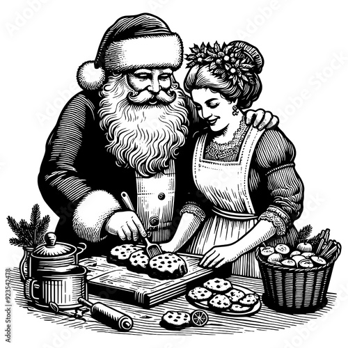 Santa Claus and Mrs Claus baking Christmas cookies together, nostalgic holiday scene generative ai fictional character PNG illustration. Scratch board imitation. Black and white image.