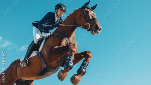 Focused male equestrian riding a brown horse mid-jump against a clear blue sky, demonstrating precision and strength in equestrian sports.