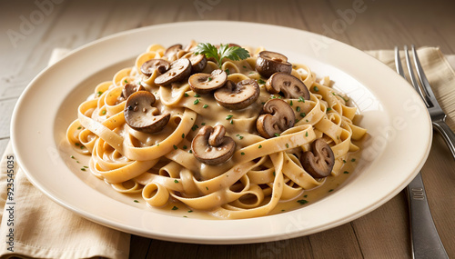 Tagliatelle with Creamy Mushroom Sauce in Studio Lighting