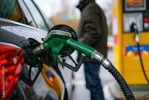 A scene at gas station, a car being refueled with unleaded petrol.