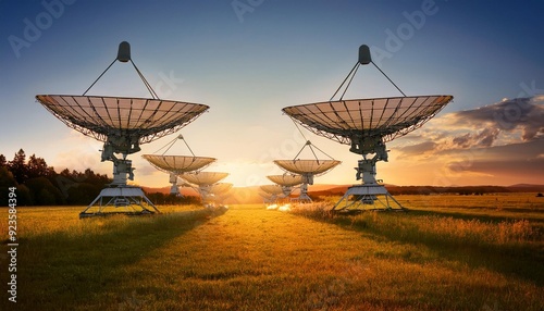 Satellite Dishes in a Field at Sunset