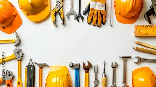 Frame Border Background of Labor Day Concept with Various Tools and Safety Gear on White Background