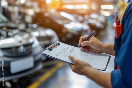 Mechanic writing job checklist to clipboard at workshop garage