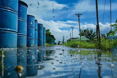 Blue barrels stand along the road, puddles after the rain, with the bright sky reflected in them