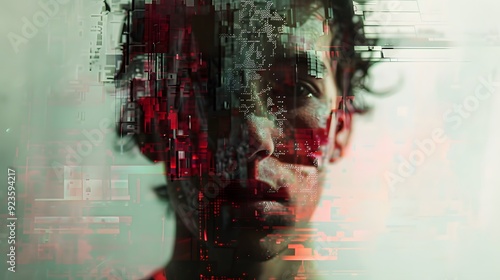 A haunting portrait of a person, their features partially distorted and broken, as if a photograph is corrupted by glitches, blending traditional photography with a digital glitch effect