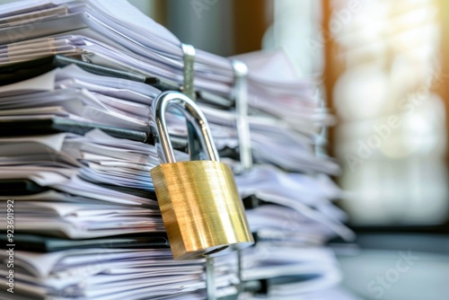 Stack of documents secured with a golden padlock, symbolizing data protection and confidentiality in a professional environment