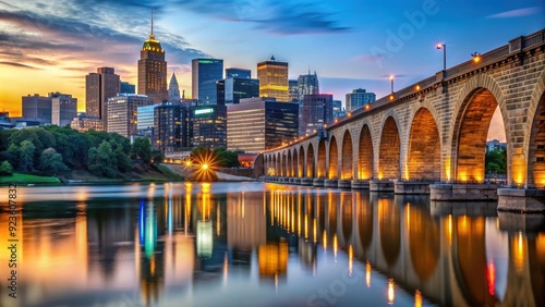 Minneapolis skyline with Stone Arch Bridge at dusk, Minneapolis, Minnesota, USA, skyline, cityscape, urban