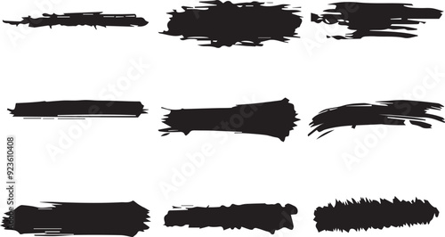 Variegated Grunge Brush Strokes Collection on White Background. An assorted assortment of black grunge brush strokes perfect for textured designs and artistic graphics, isolated on white. Vector brus